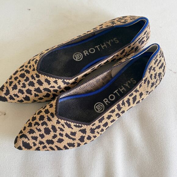 Rothy's Point Toe Flats 7.5 Leopard Spot Tan Black Comfort Travel Academia - Picture 5 of 7